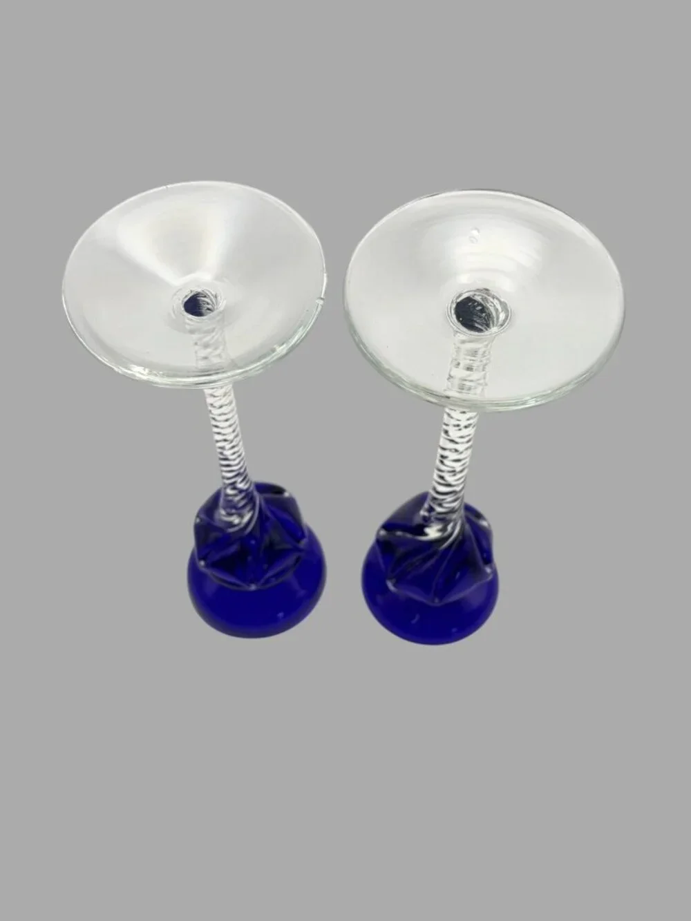 Vintage Romanian Hand Blown Art Glass Cobalt Blue Twist Stem Candle Holders Pair